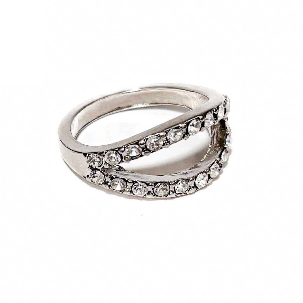 NEW - Silver & Rhinestone Open Criss Cross Statement Ring - Size 8